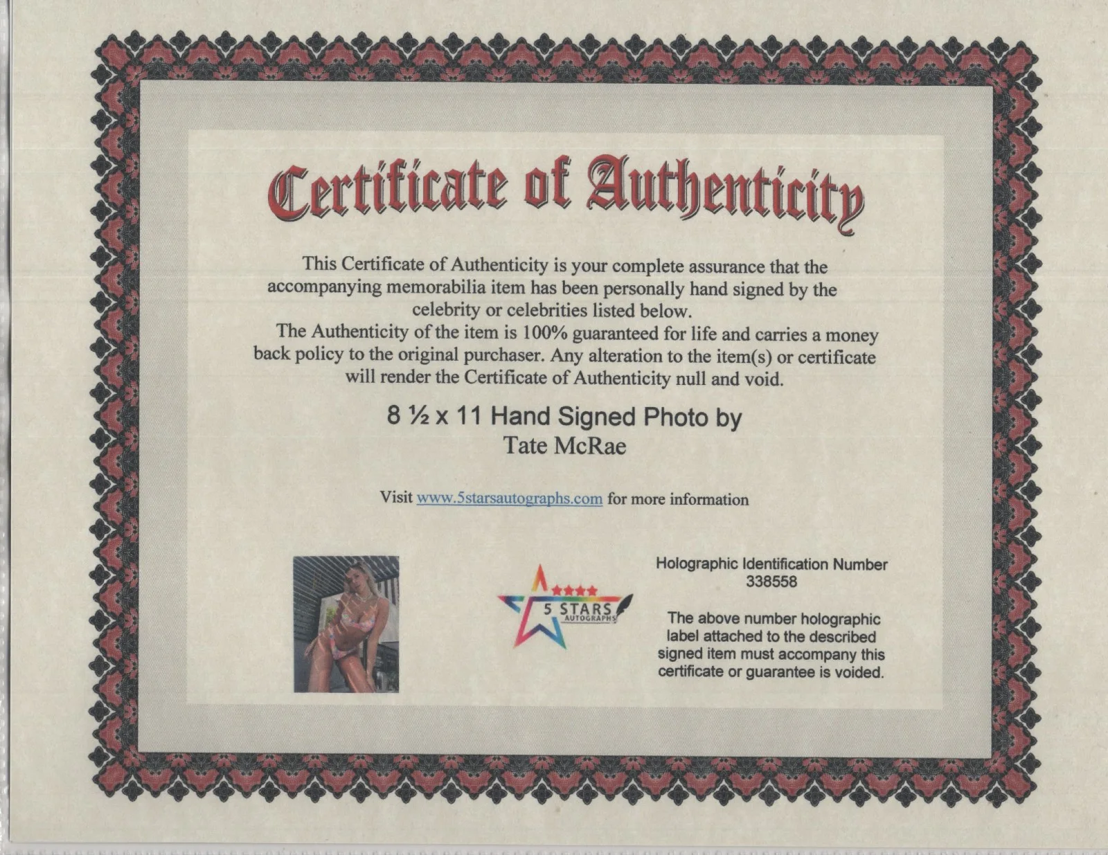 TATE McRAE AUTOGRAPHED 8 1/2 X 11 AWESOME PHOTO / COA, изображение 2