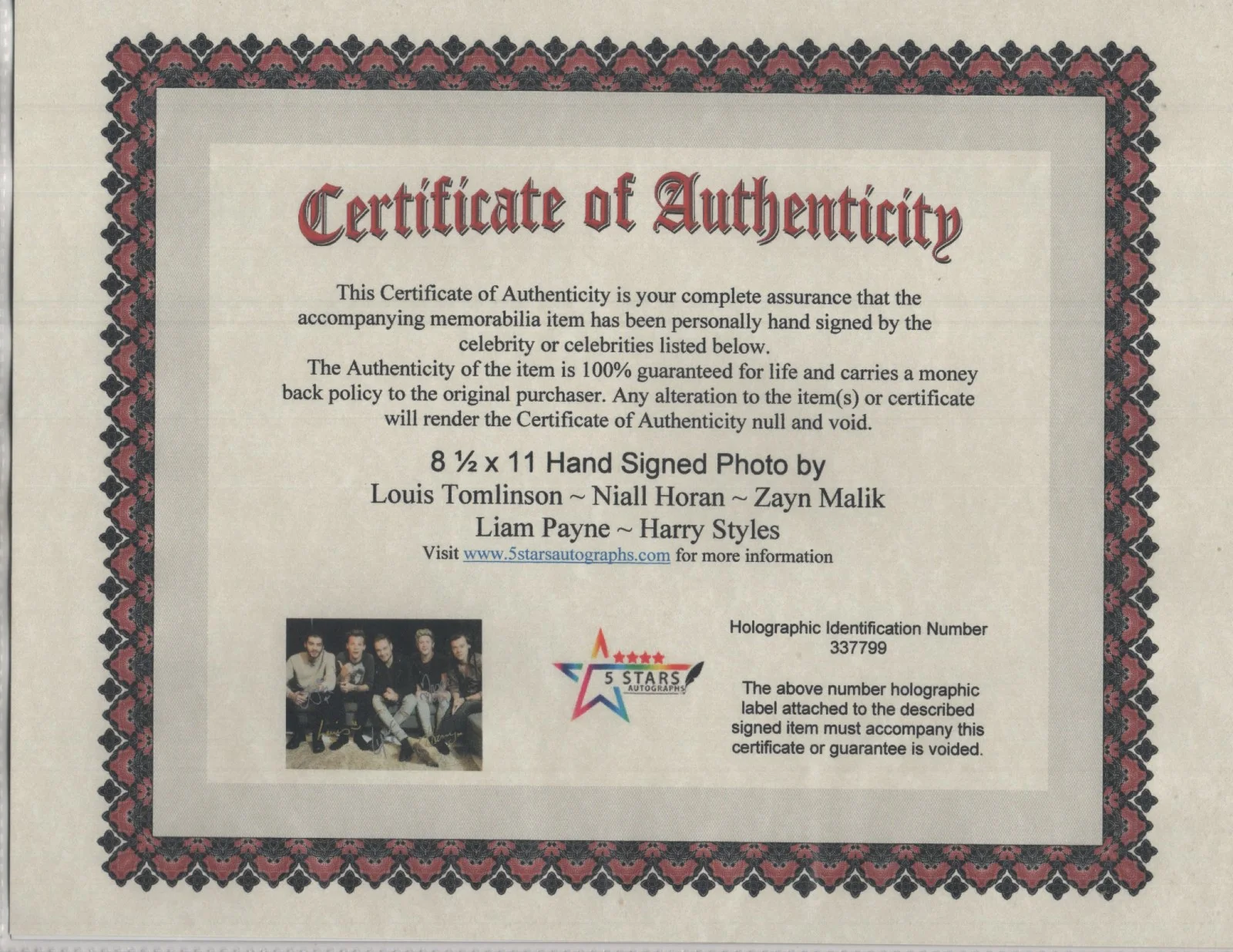 ONE DIRECTION BAND ALL MEMBERS AUTOGRAPHED 8 1/2 X 11 PHOTO / COA, изображение 2
