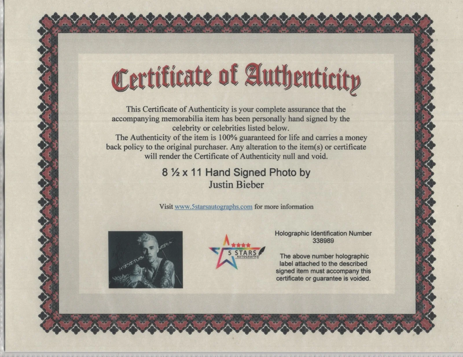 JUSTIN BIEBER AUTOGRAPHED 8 1/2 X 11 COLOR PHOTO / COA, изображение 2