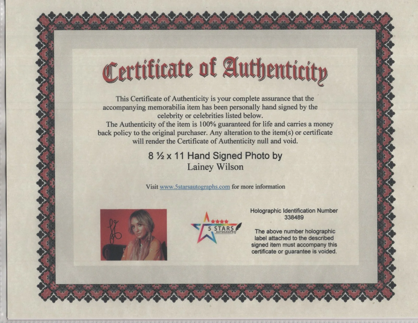 LAINEY WILSON SEXY COUNTRY SINGER AUTOGRAPHED 8 1/2 X 11 PHOTO / COA, изображение 2