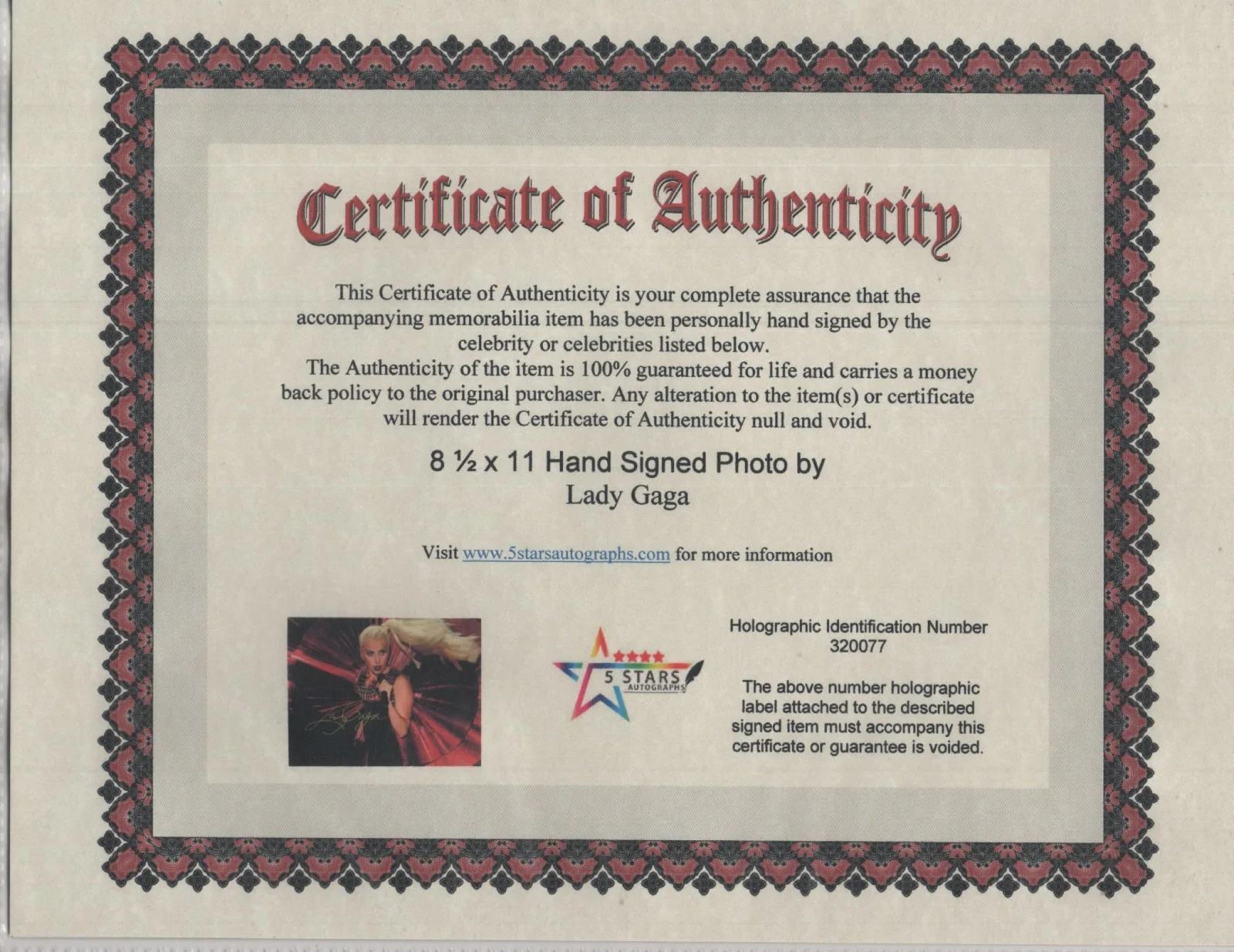 LADY GAGA AUTOGRAPHED 8 1/2 X 11 COLOR PHOTO / COA, image 2