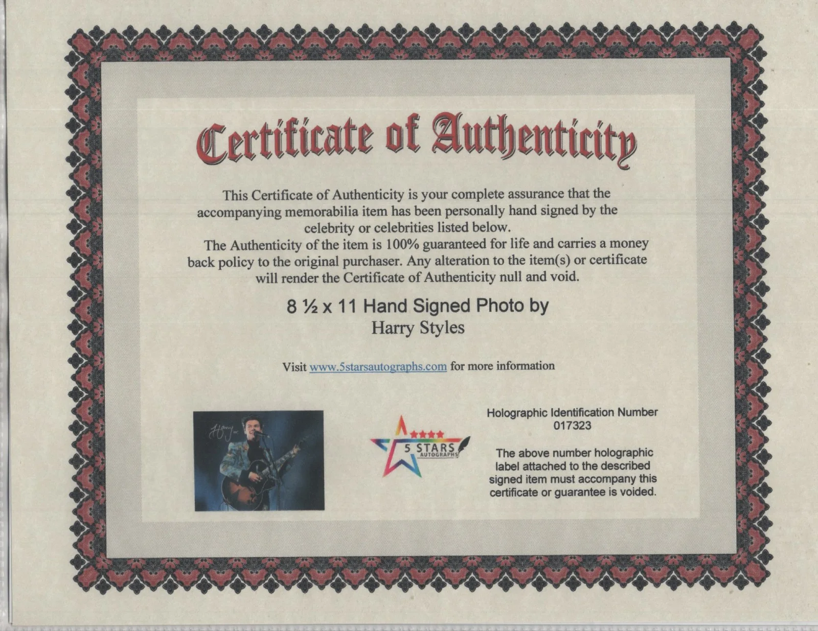 HARRY STYLES HAND SIGNED 8 1/2 X 11 COLOR PHOTO / COA, изображение 2