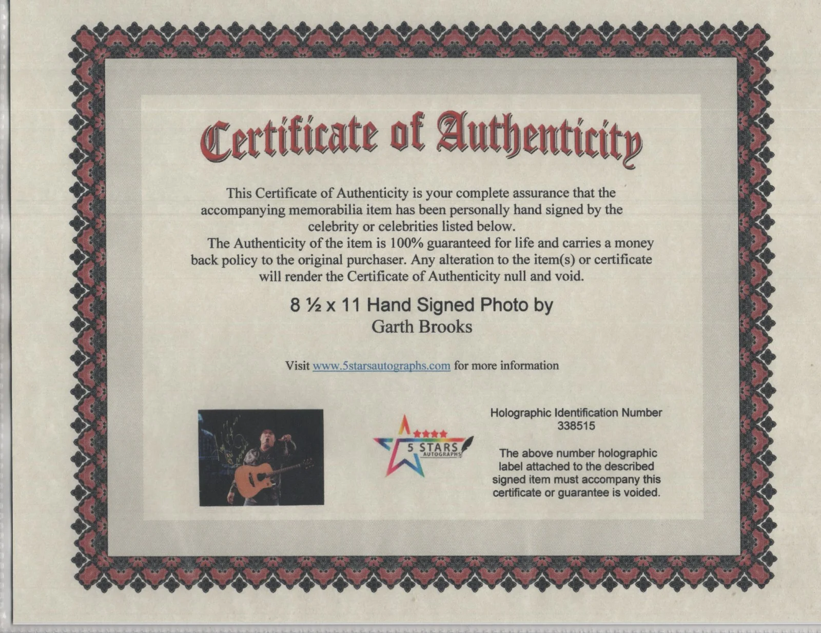 GARTH BROOKS HAND SIGNED 8 1/2 X 11 COLOR PHOTO / COA, image 2