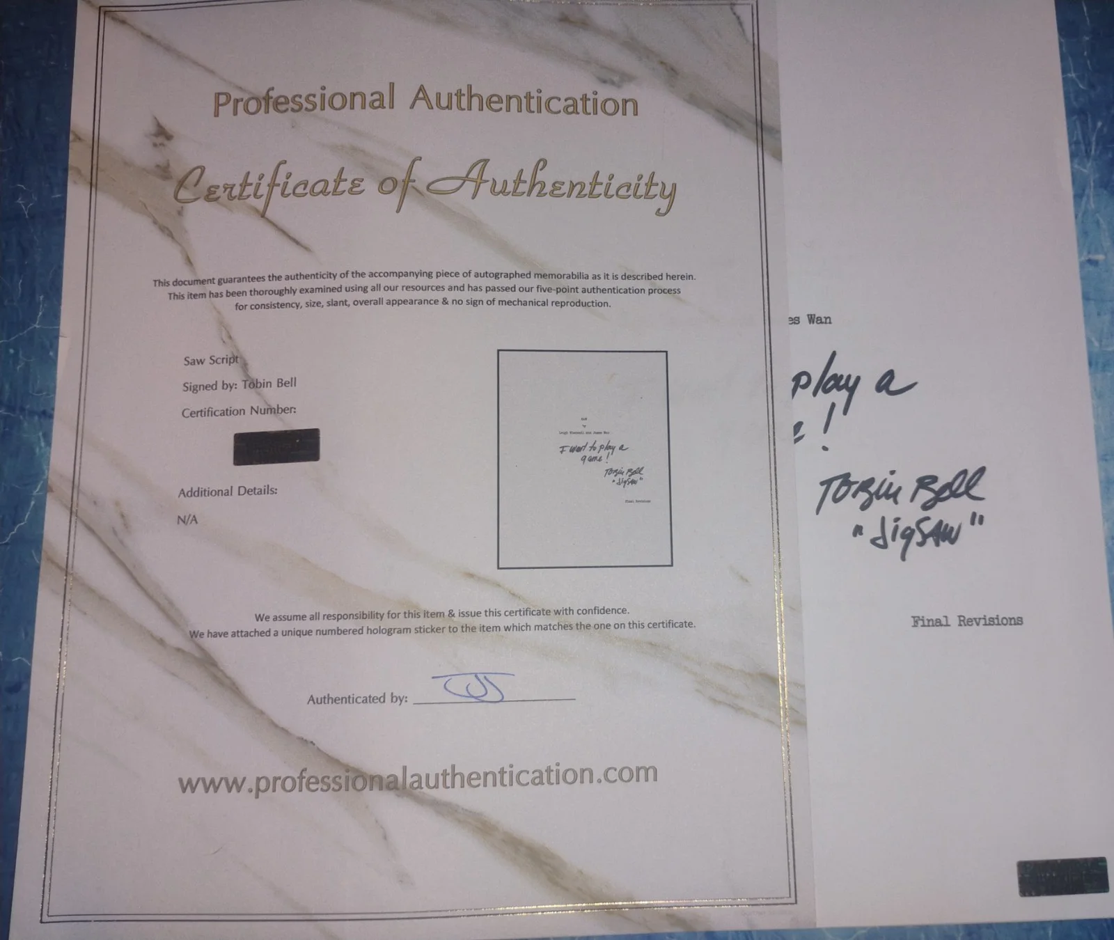 Tobin Bell Hand Signed Autograph Saw Script COA - NO US TARIFFS, image 5