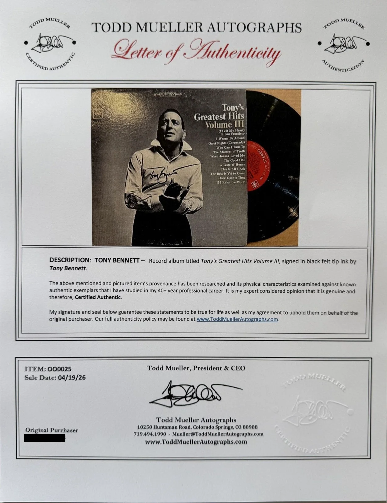 Tony Bennett Signed Autographed "Greatest Hits" Vintage Record Album Mueller COA, image 2
