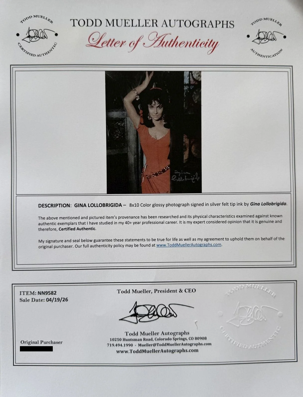 Gina Lollobrigida — Gina Lollobrigida (d. 2023) Signed Autographed Glossy 8x10 Photo - Mueller COA, image 2