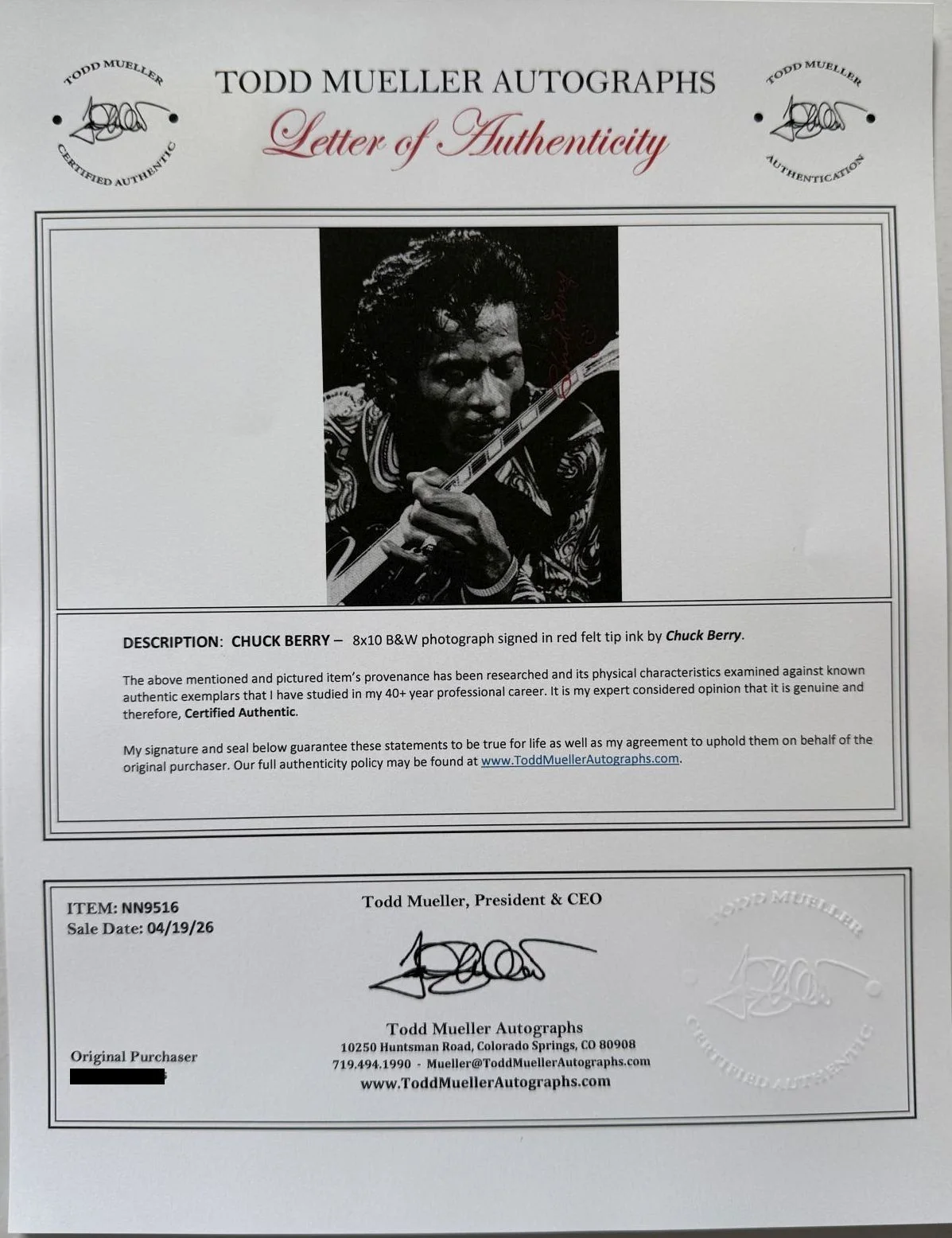 Chuck Berry (d. 2017) Signed Autographed Glossy 8x10 Photo - Todd Mueller COA, image 2