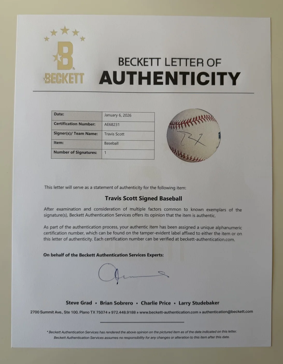 Travis Scott Rapper Autographed Baseball Rare Houston Beckett LOA, изображение 4