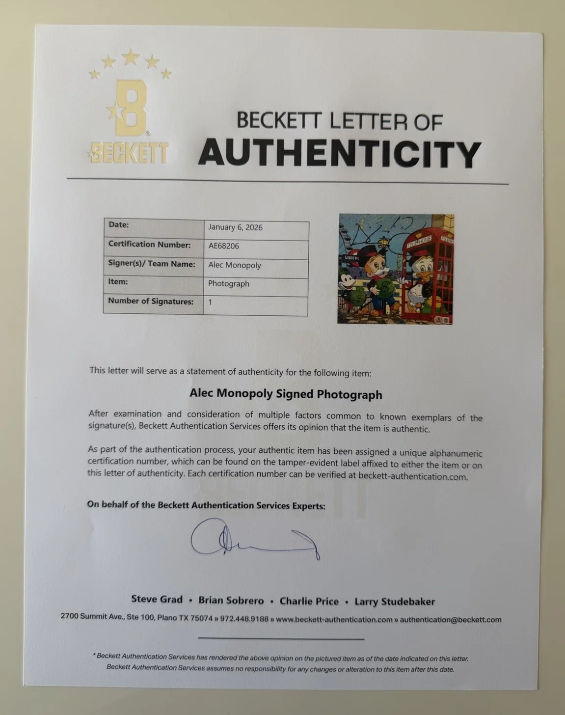 Alec Monopoly — Alec Monopoly Autographed 8x10 Photo Rare Artist Beckett LOA, изображение 2