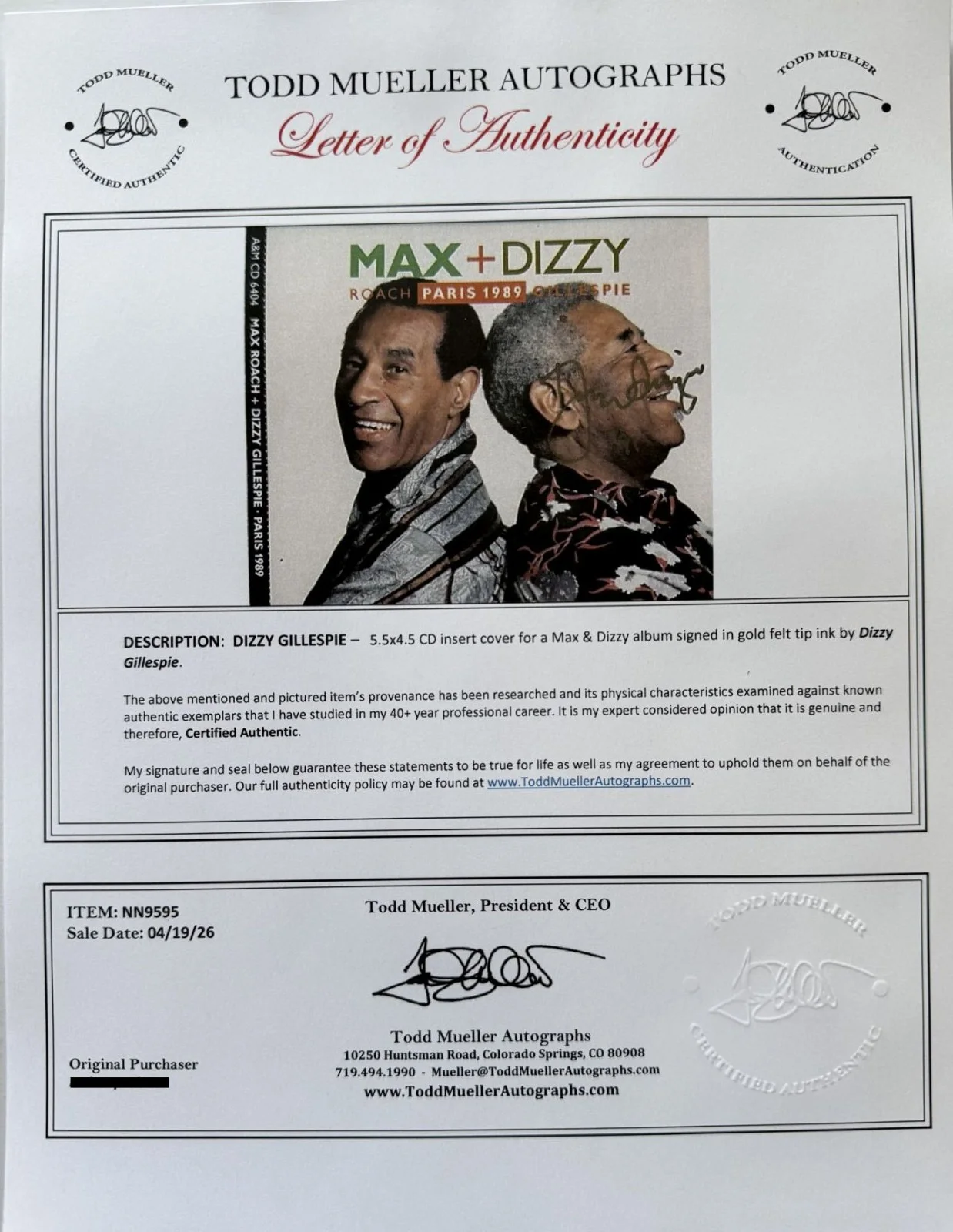 Dizzy Gillespie (d. 1993) Signed Autographed "Max + Dizzy" CD Compact Disc Cover, image 2