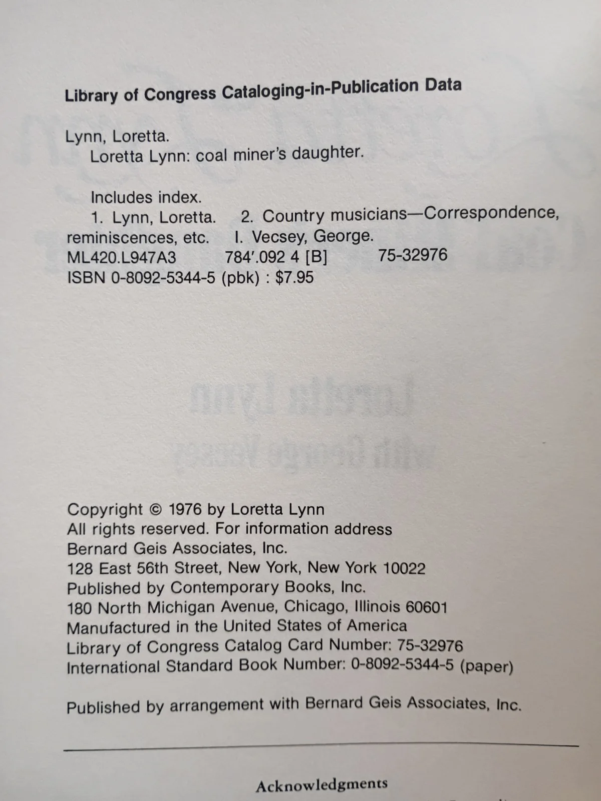 LORETTA LYNN "COAL MINER'S DAUGHTER" BOOK Pink Cover - 1976 - First Edition, изображение 2