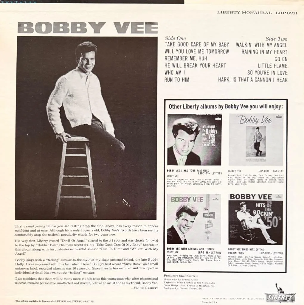 BOBBY VEE HAND SIGNED AUTOGRAPH LP ALBUM "TAKE GOOD CARE OF MY BABY", изображение 2