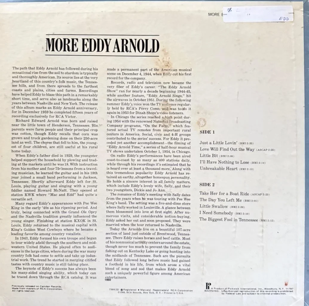 EDDY ARNOLD HAND SIGNED AUTOGRAPH LP ALBUM "MORE EDDY ARNOLD", image 2