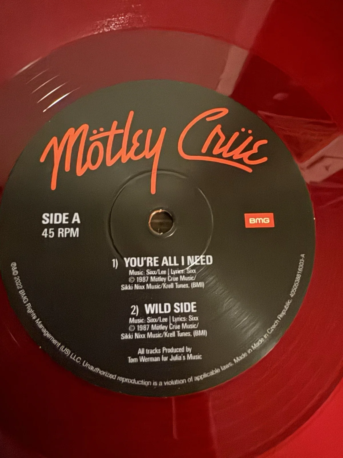 Mötley Crüe 45 RPM Red Vinyl Signed / Autographed by 3/4, Tommy Nikki Vince COA, изображение 5