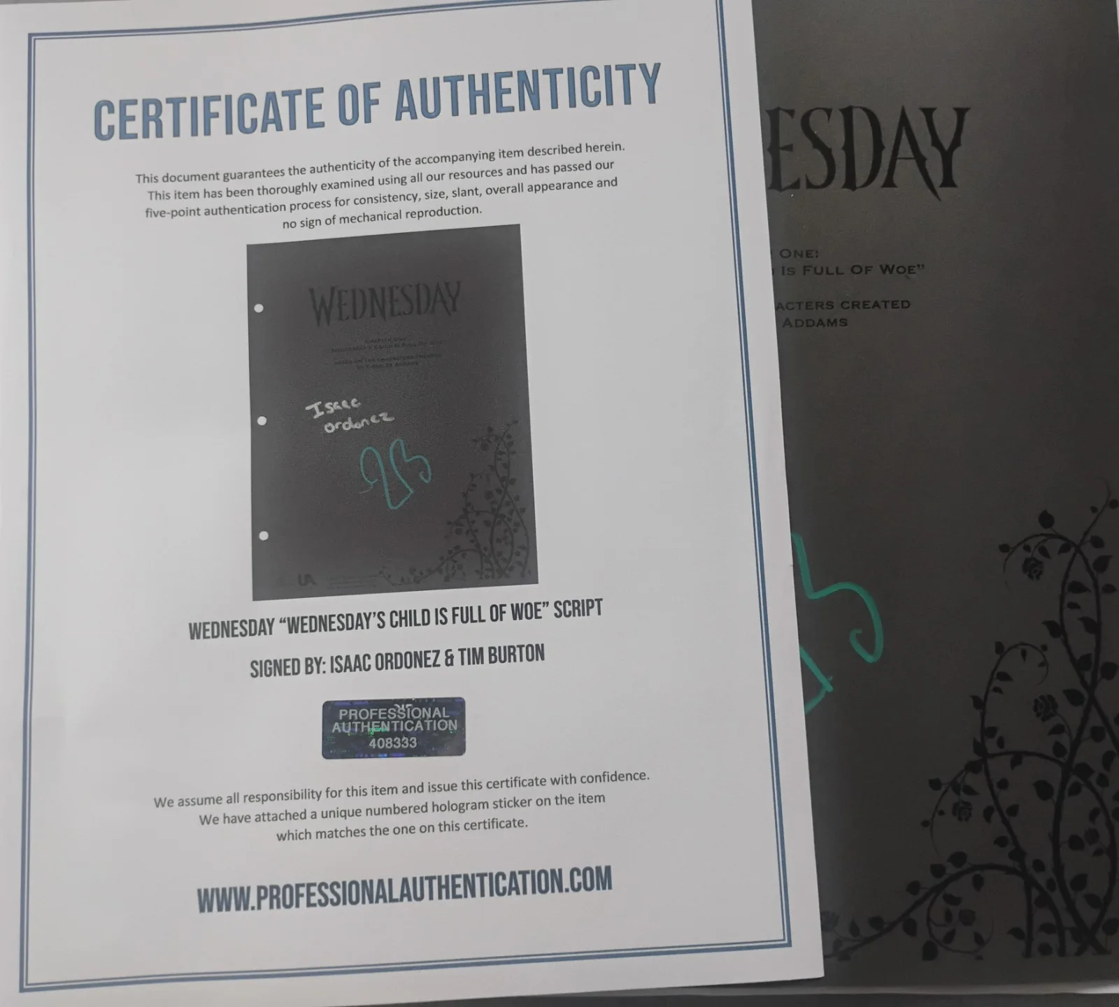 Tim Burton & Isaac Ordonez Hand Signed Wednesday Script COA - NO US TARIFFS, image 5