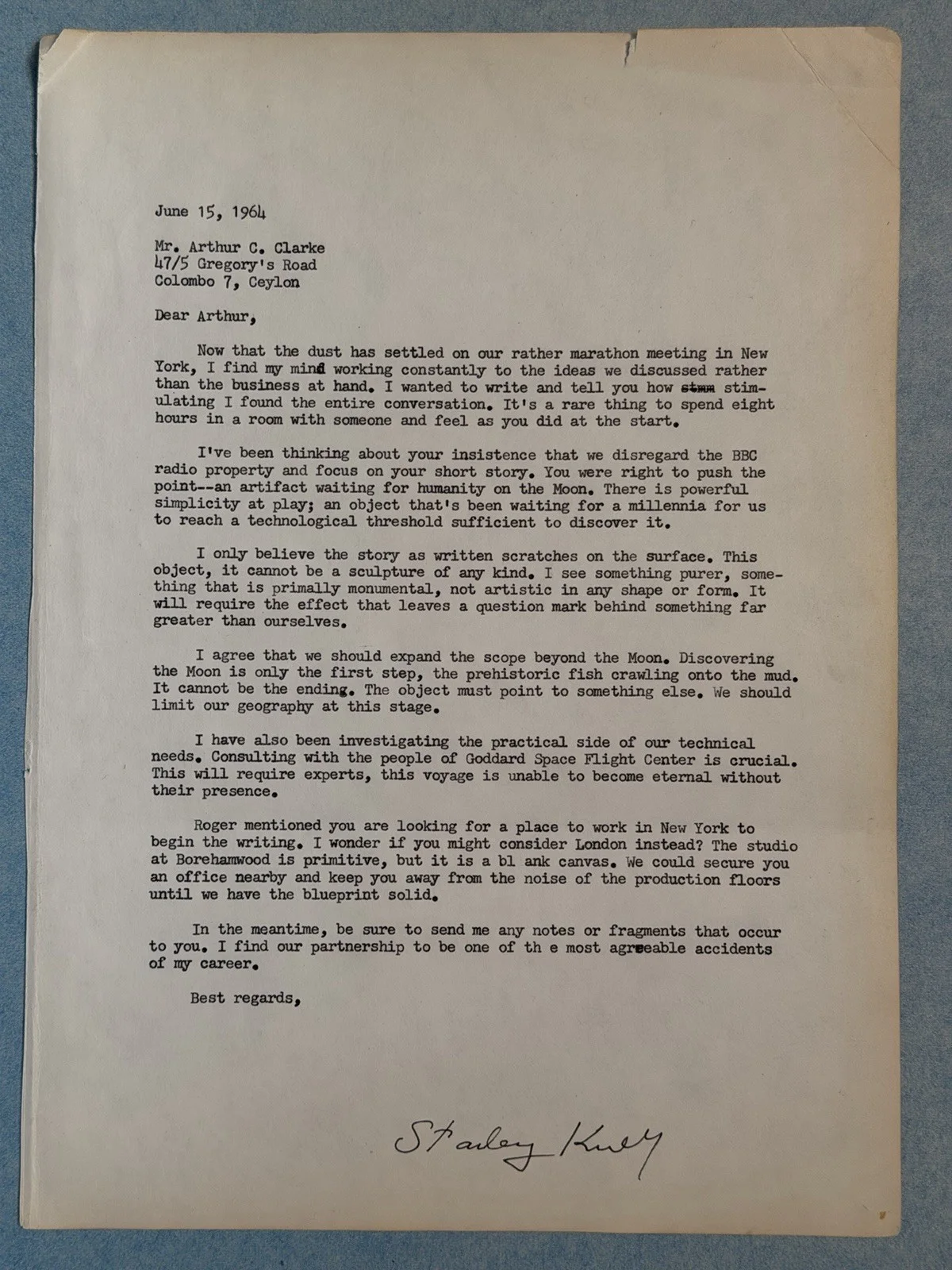 Stanley Kubrick — Stanley Kubrick 1964 Signed Letter to Arthur C. Clarke 2001 Origin & Sentinel, image 2