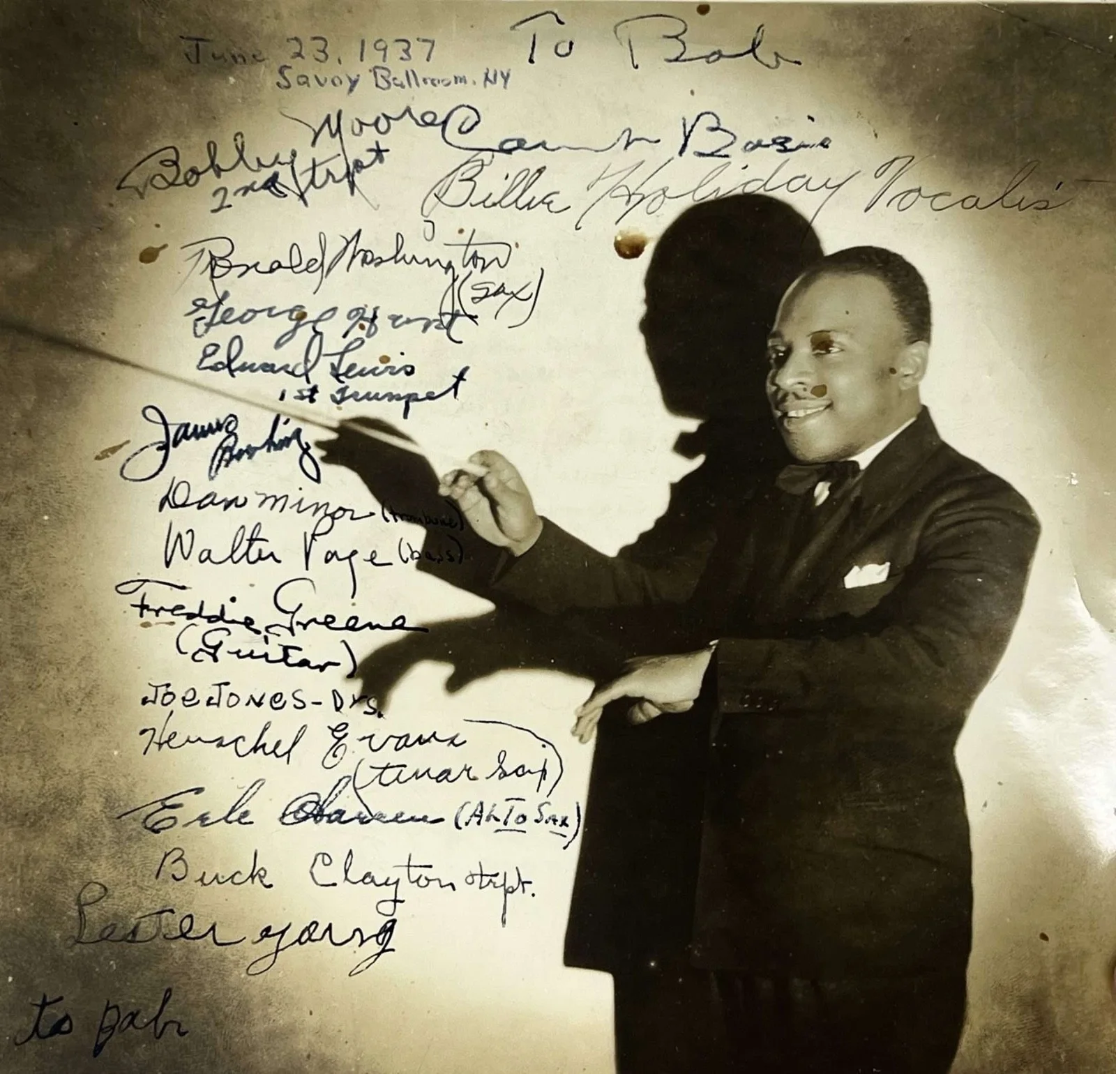 COUNT BASIE 1937 Photo SIGNED BY BILLIE HOLIDAY, BASIE, LESTER YOUNG & 12 More, изображение 2