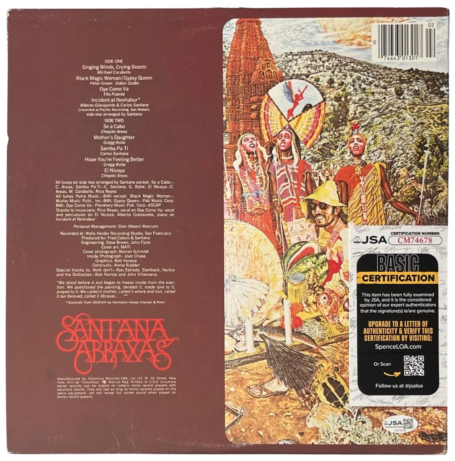 Carlos Santana Signed Abraxas Vinyl Record JSA COA CM74678, изображение 3