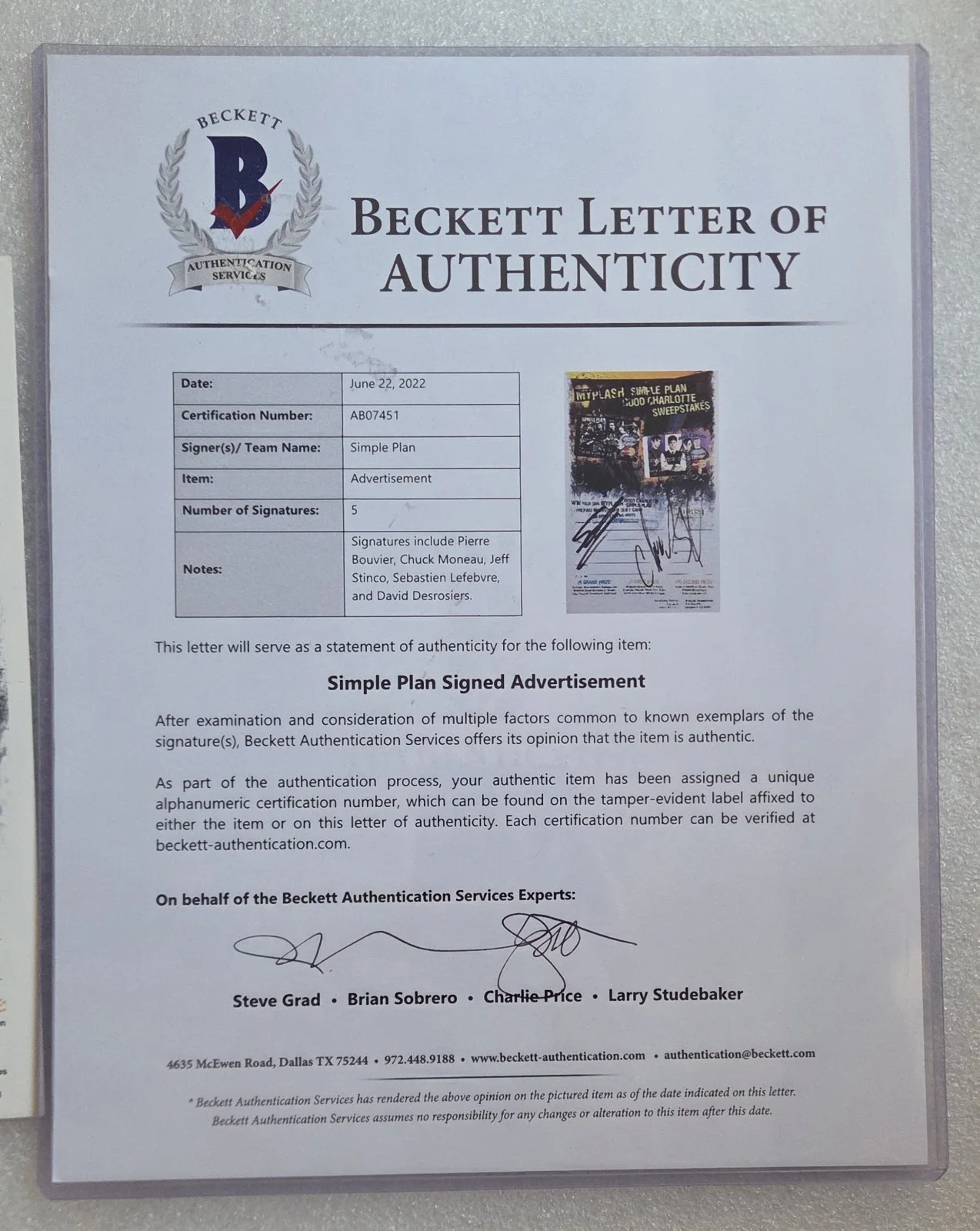 SIMPLE PLAN BAS BECKETT LOA COA SIGNED ADVERTISEMENT AUTOGRAPHED FULL LETTER, изображение 2