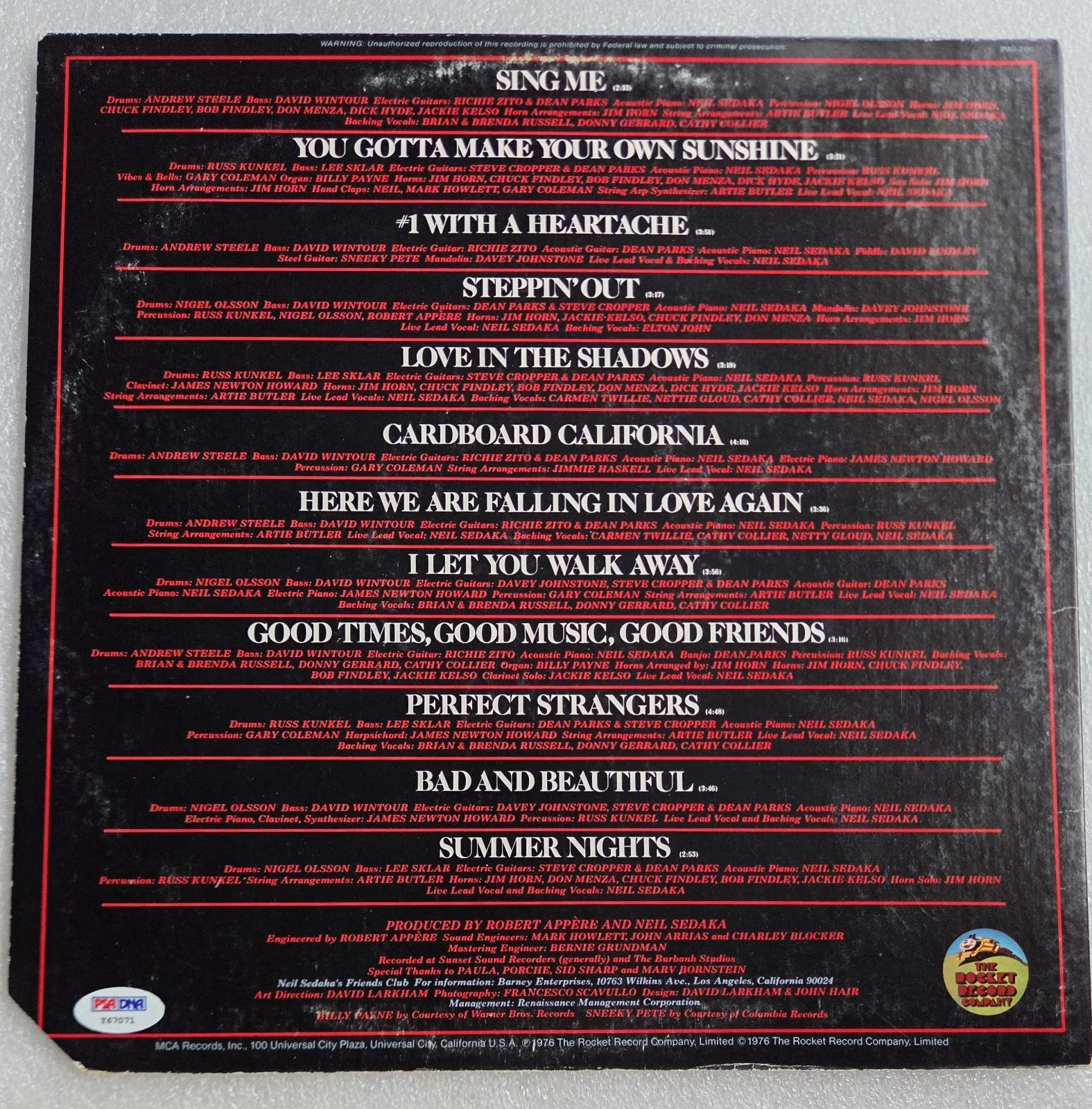 NEIL SEDAKA PSA SIGNED RECORD AUTOGRAPHED PSA/DNA STEPPIN' OUT ALBUM MUSIC, image 4