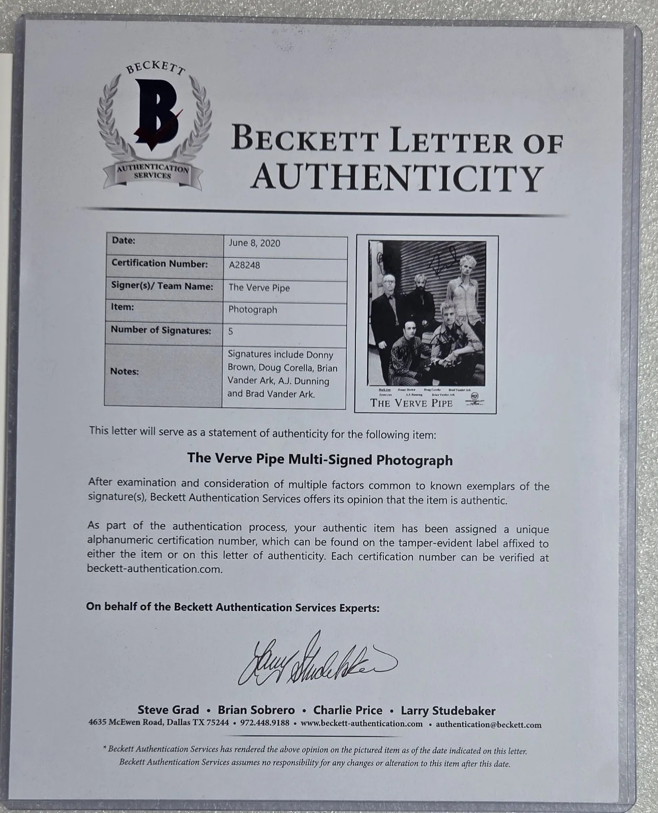 THE VERVE PIPE BAS BECKETT LOA COA SIGNED 8X10 PHOTO AUTOGRAPHED FULL LETTER, изображение 5