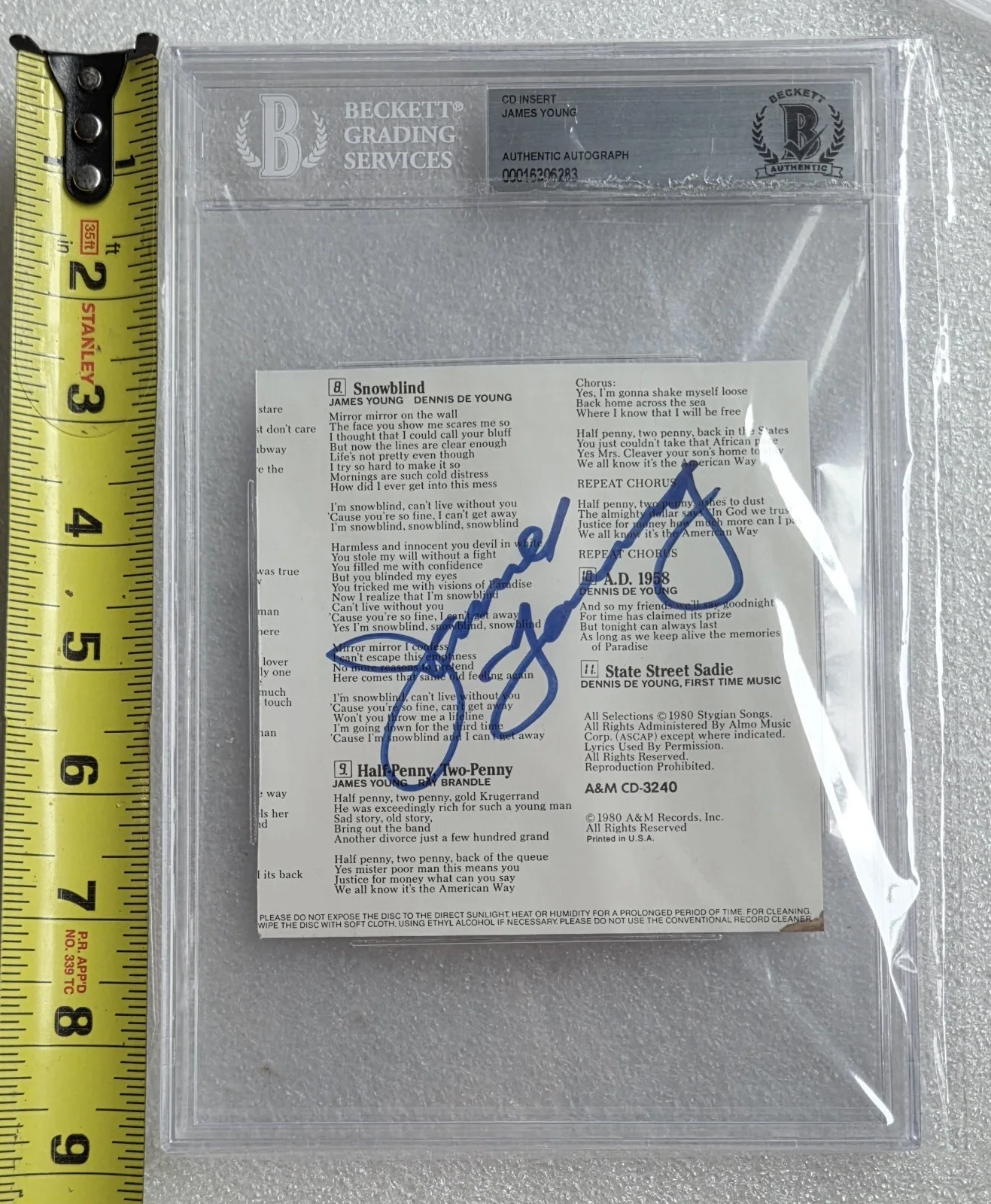 JAMES YOUNG SIGNED CD COVER BECKETT BAS COA STYX BAND AUTOGRAPHED SLABBED SLAB, image 5