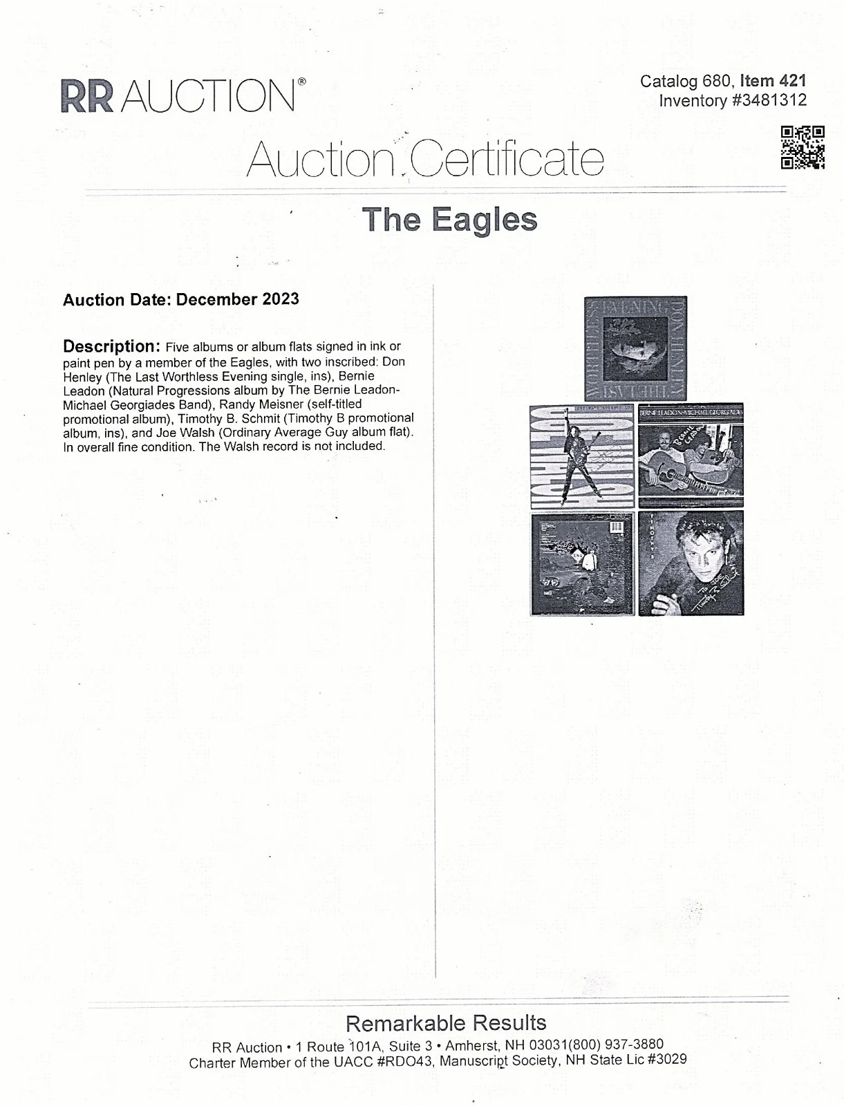TIMOTHY B. SCHMIDT SIGNED ALBUM W/ VINYL- EAGLES - HOTEL CALIFORNIA RR AUCTION, изображение 5