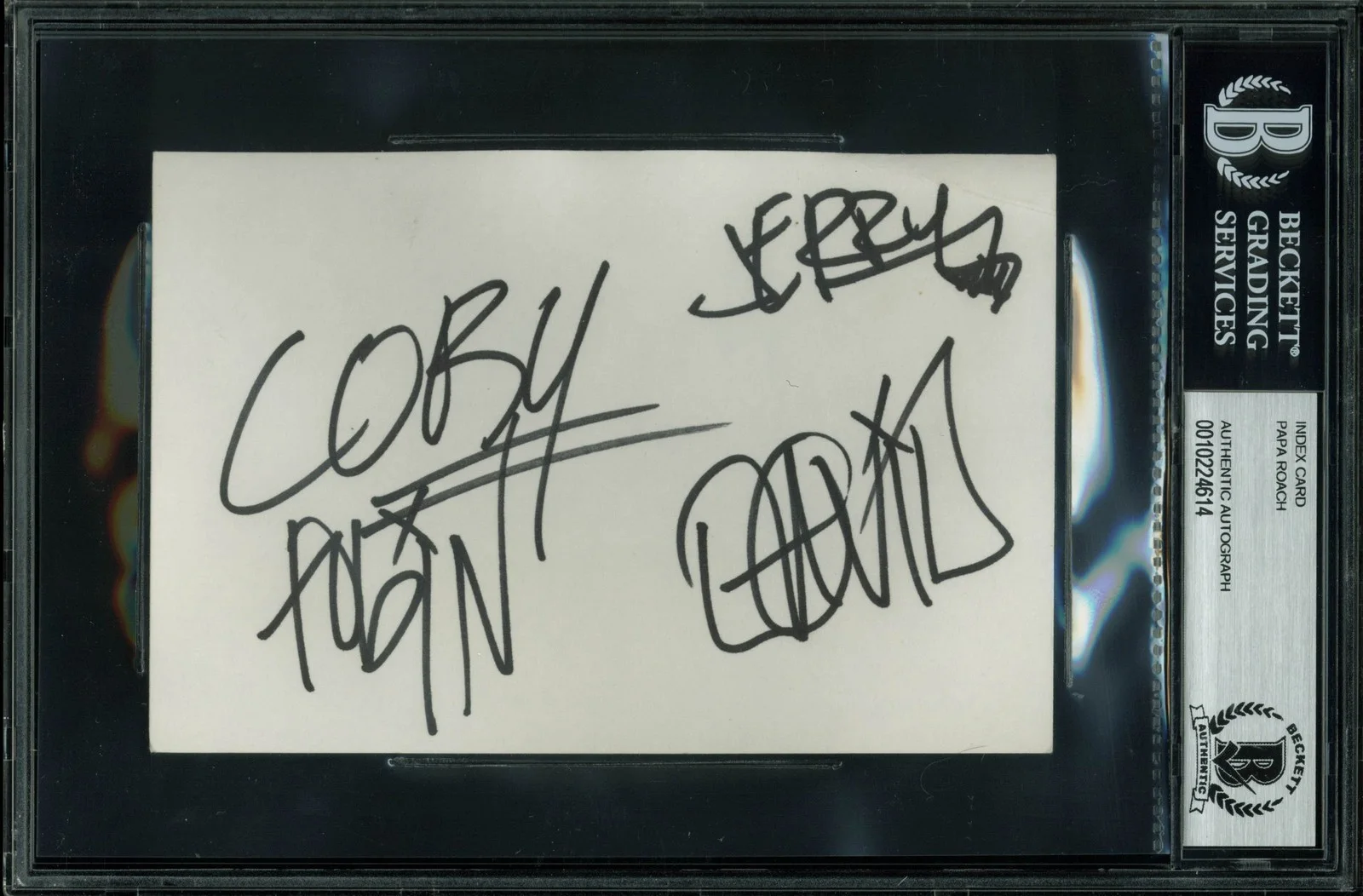 Jacoby Shaddix, Jerry Horton, Tobin Esperance & Dave Buckner — Papa Roach (4) Shaddix, Horton, Esperance +1 Signed 4x6 Index Card BAS Slabbed 1