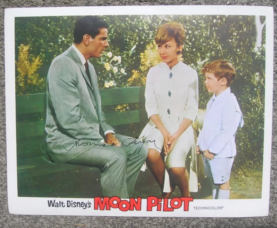 THOMAS TRYON — THOMAS TRYON AUTOGRAPH COLOR 1962 MOVIE STILL WALT DISNEY'S "MOON PILOT"