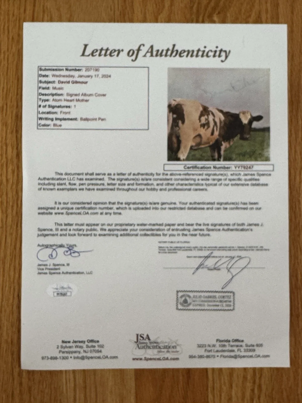 David Gilmour Autographed Signed Atom Heart Mother LP Album JSA Pink Floyd, image 5