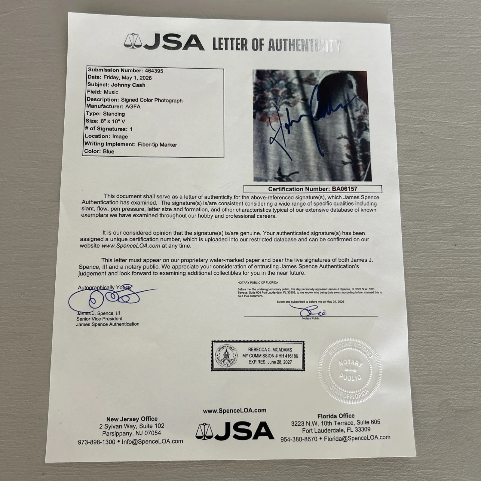 Johnny Cash Signed In-Person Color Photo w FULL LOA JSA #BA06157, изображение 5