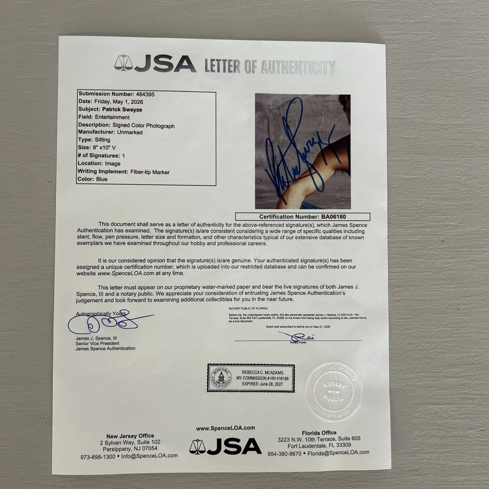 Patrick Swayze — Patrick Swayze Signed In-Person 8x10 Color Photo w JSA Full Letter, изображение 5