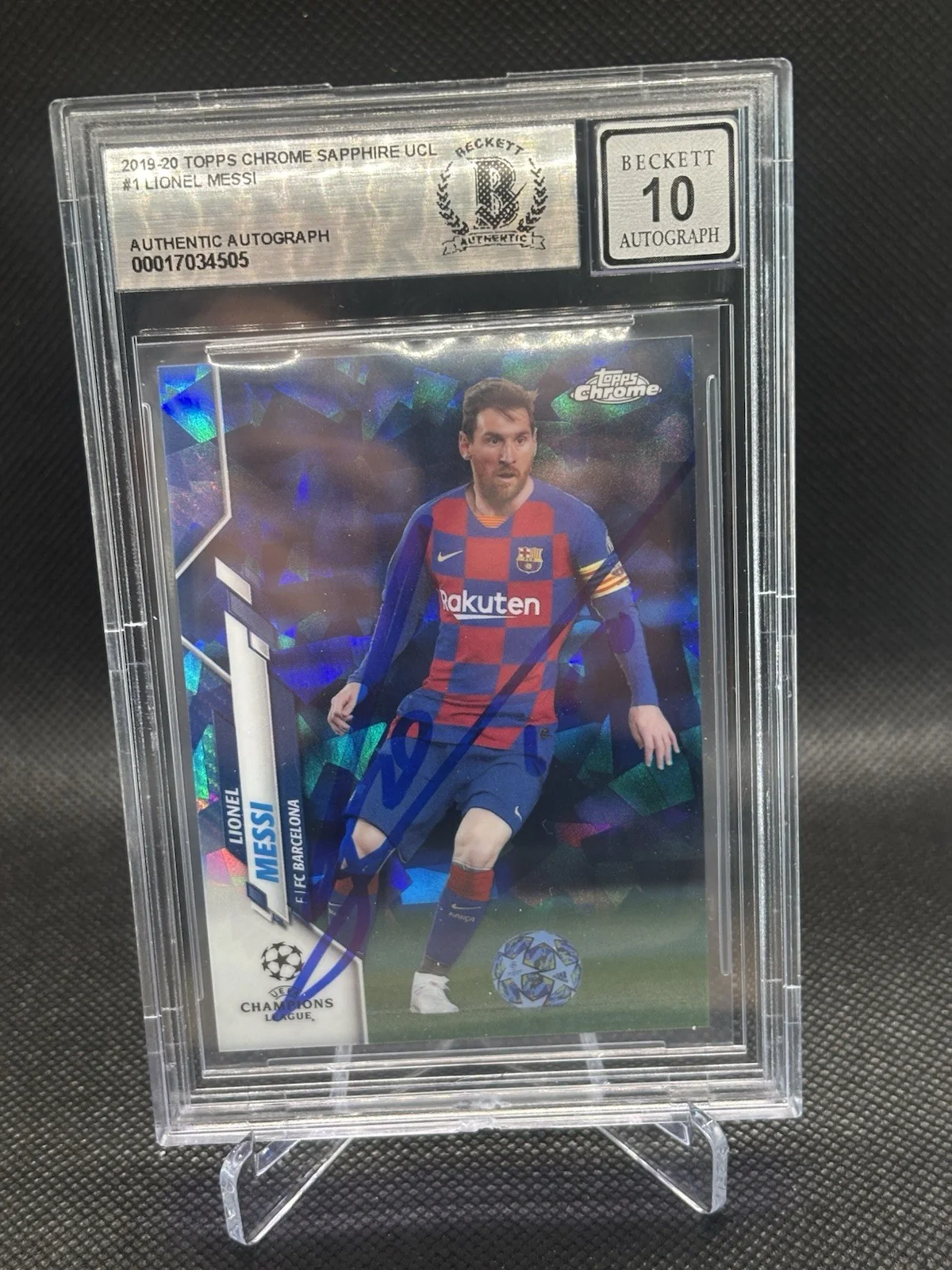 LIONEL MESSI — LIONEL MESSI SIGNED 2019/20 TOPPS CHROME SAPPHIRE UCL AUTO 10 BECKETT