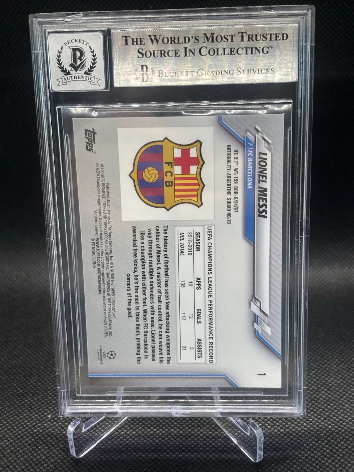 LIONEL MESSI — LIONEL MESSI SIGNED 2019/20 TOPPS CHROME SAPPHIRE UCL AUTO 10 BECKETT, изображение 2