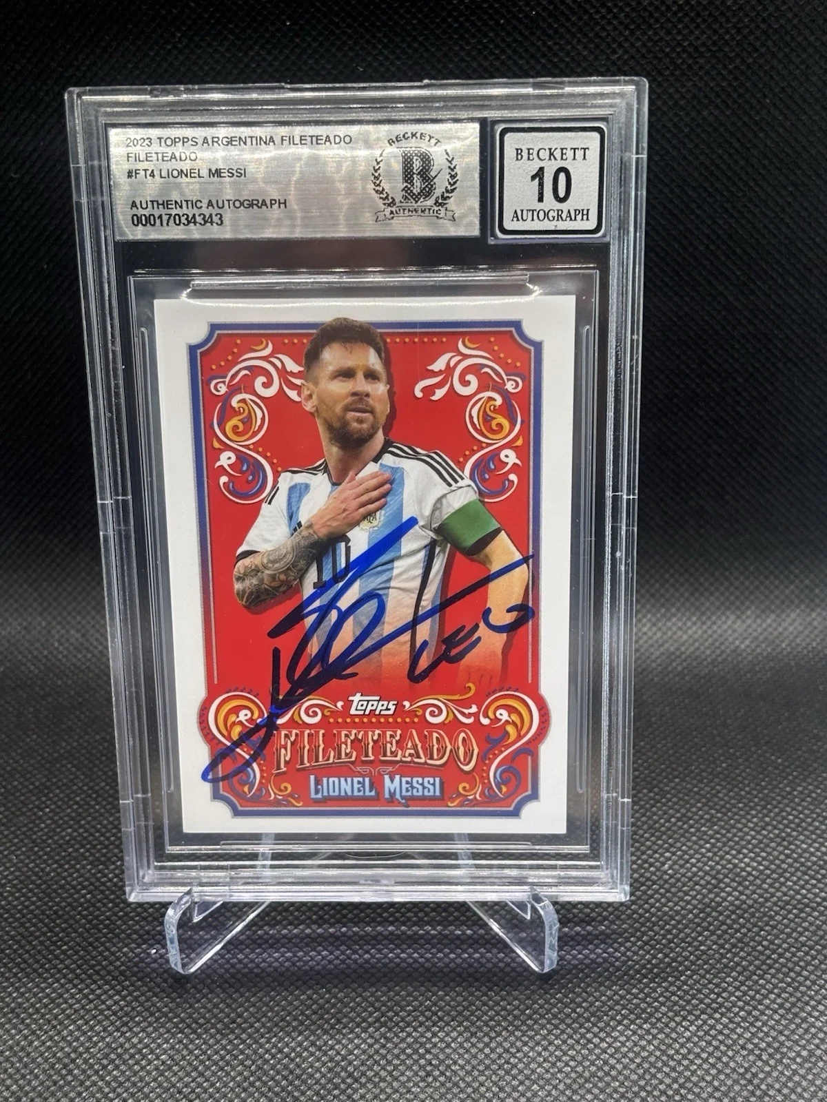 LIONEL MESSI — LIONEL MESSI SIGNED 2023 TOPPS ARGENTINA FILETEADO CARD AUTO 10 BECKETT