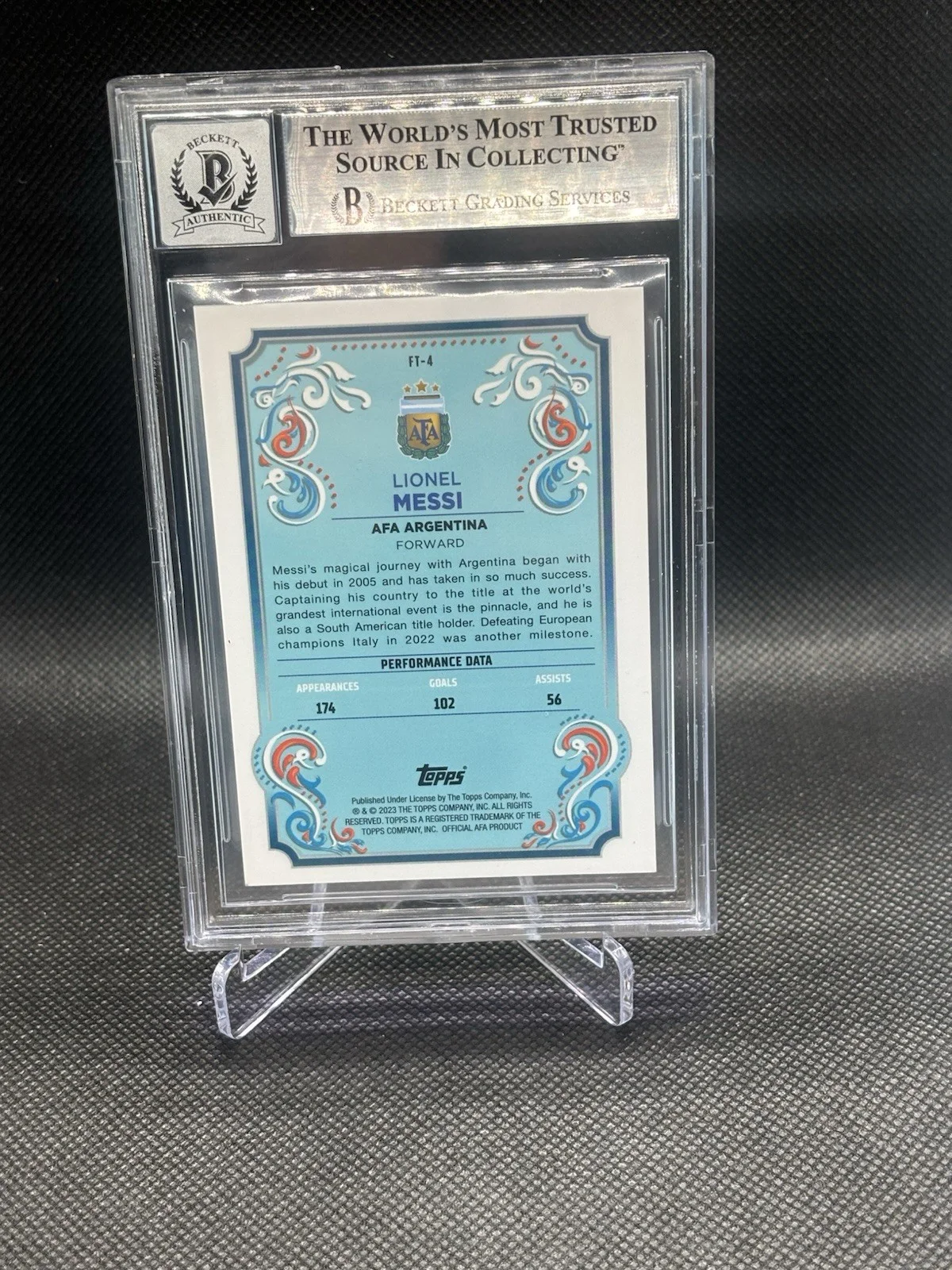 LIONEL MESSI — LIONEL MESSI SIGNED 2023 TOPPS ARGENTINA FILETEADO CARD AUTO 10 BECKETT, изображение 2