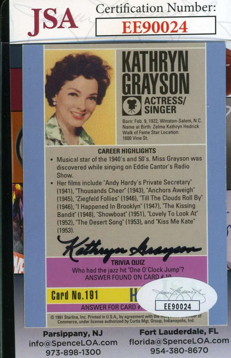 KATHRYN GRAYSON — Kathryn Grayson Jsa Coa Hand Signed 1991 Starline Hollywood Autograph