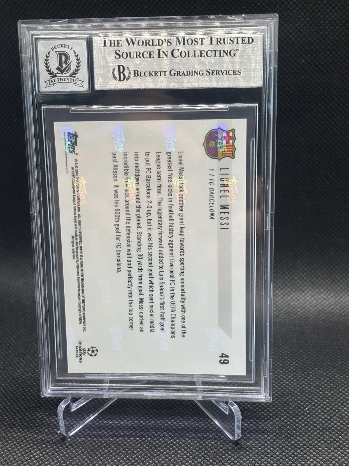 LIONEL MESSI — LIONEL MESSI SIGNED 2018-19 TOPPS NOW UCL CARD AUTO 10 BECKETT, изображение 3