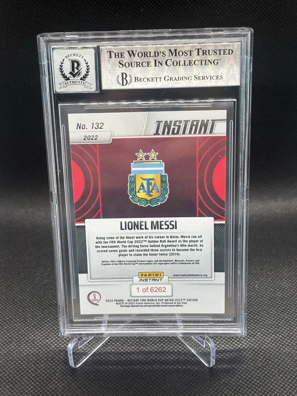 LIONEL MESSI — LIONEL MESSI SIGNED 2022 PANINI WORLD CUP INSTANT CARD AUTO 10 BECKETT, изображение 2