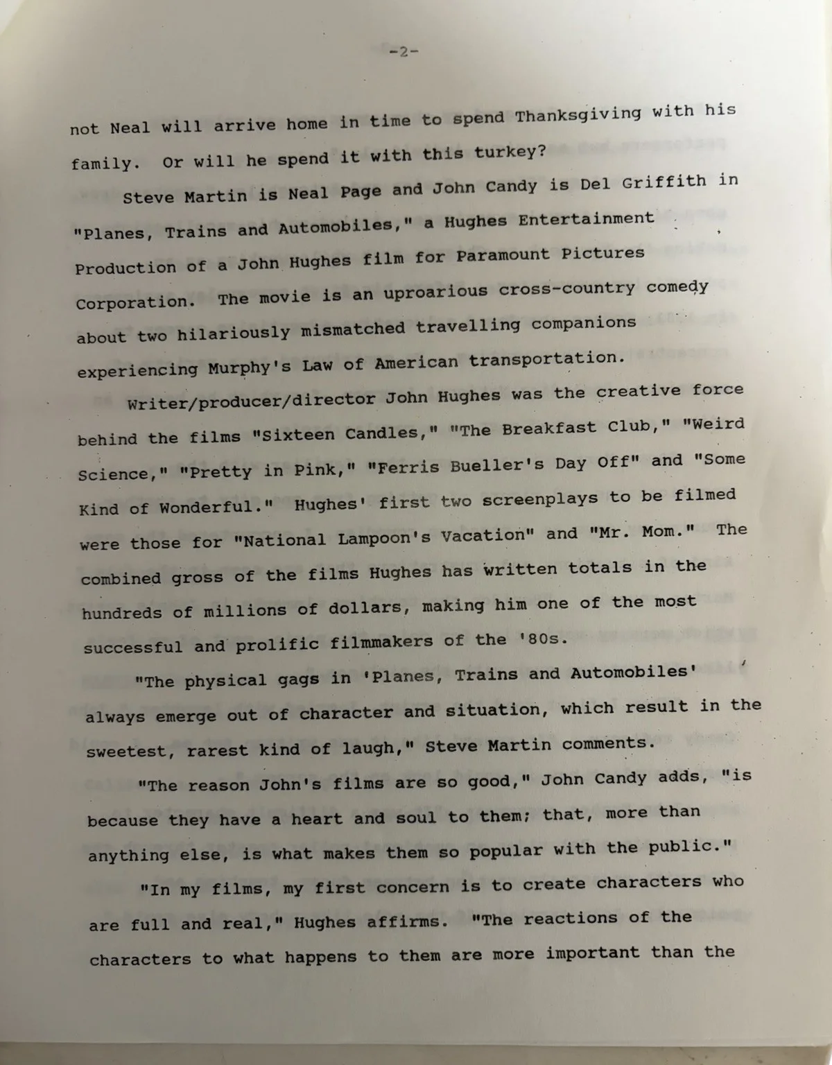 Planes Trains and Automobiles - Original Movie Production Notes (UK), изображение 4