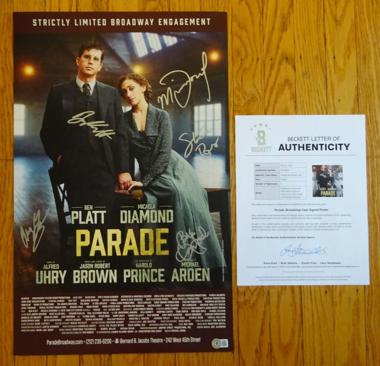 Ben Platt, Micaela Diamond, Alex Joseph Grayson — Parade Broadway 14x22 Windowcard Signed By 5 Ben Platt Diamond + Beckett BAS COA