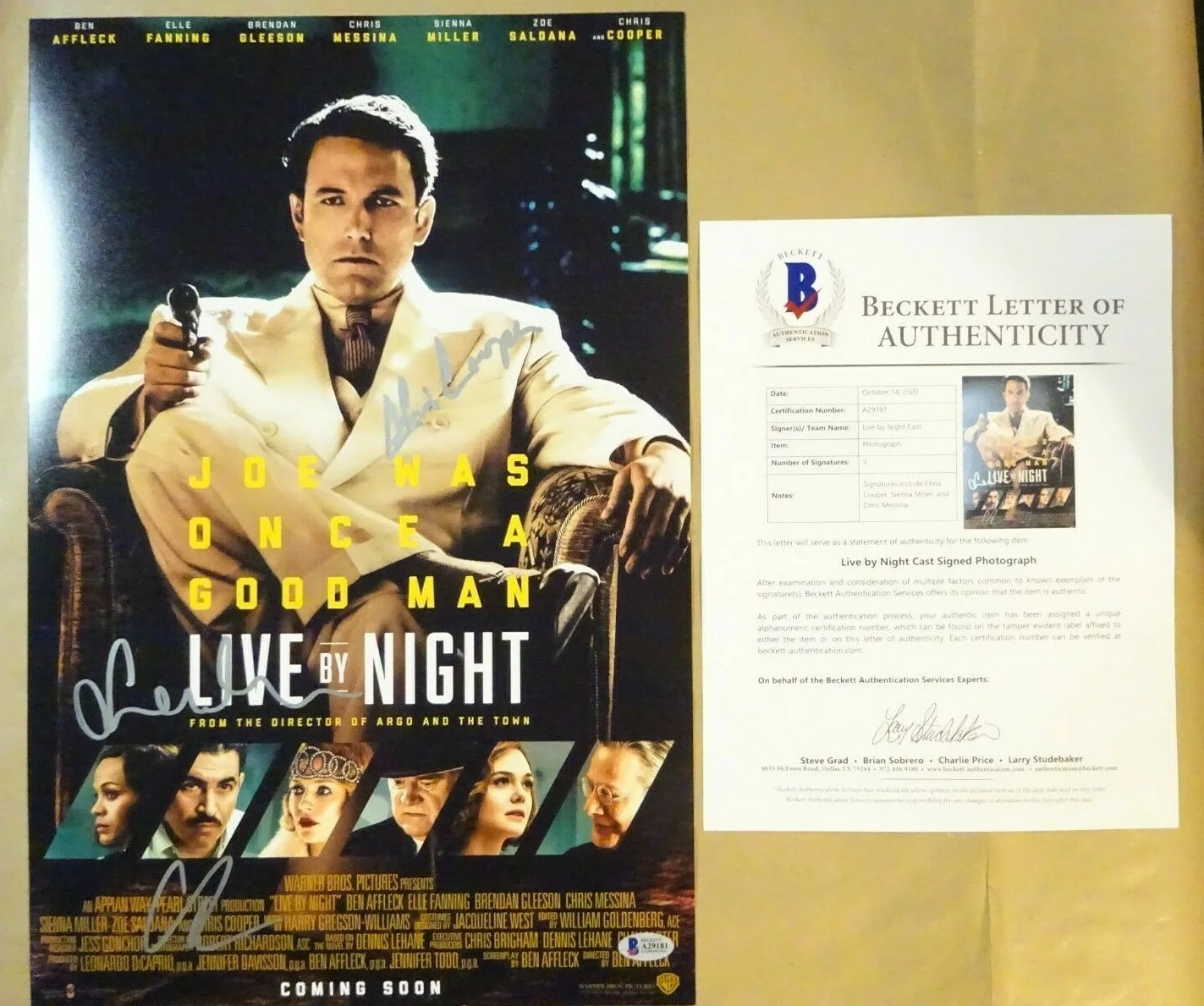 Chris Cooper, Chris Messina, Sienna Miller — Signed LIVE BY NIGHT Autographed By 3 12x18 Photo Cooper Miller BECKETT COA LOA