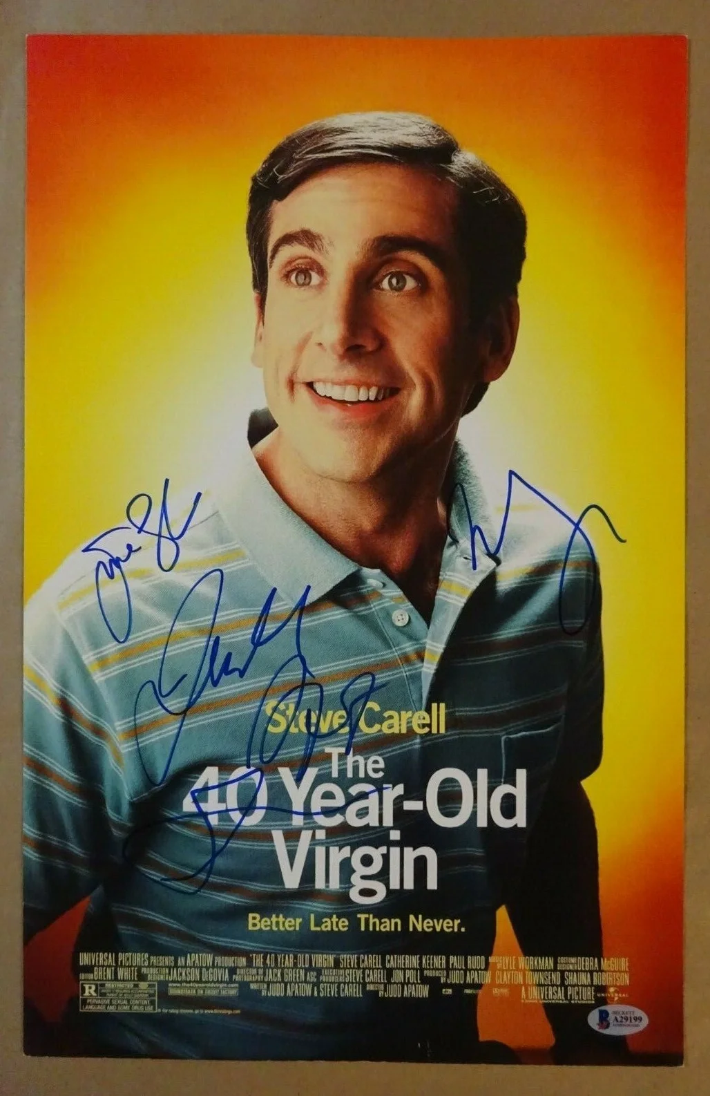 Mindy Kaling, Jane Lynch, Judd Apatow, Seth Rogen — Signed 40 YEAR OLD VIRGIN Autographed By 4 11x17 Photo LYNCH ROGEN BECKETT COA, image 2