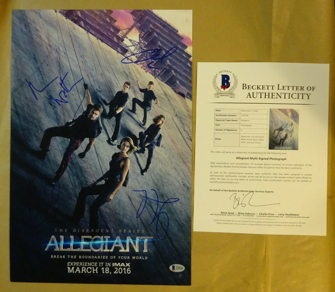 Naomi Watts, Ansel Elgort, Miles Teller, Z Kravitz — Signed ALLEGIANT Autographed By 4 12"x18" Photo Naomi Watts ++ BECKETT COA LOA