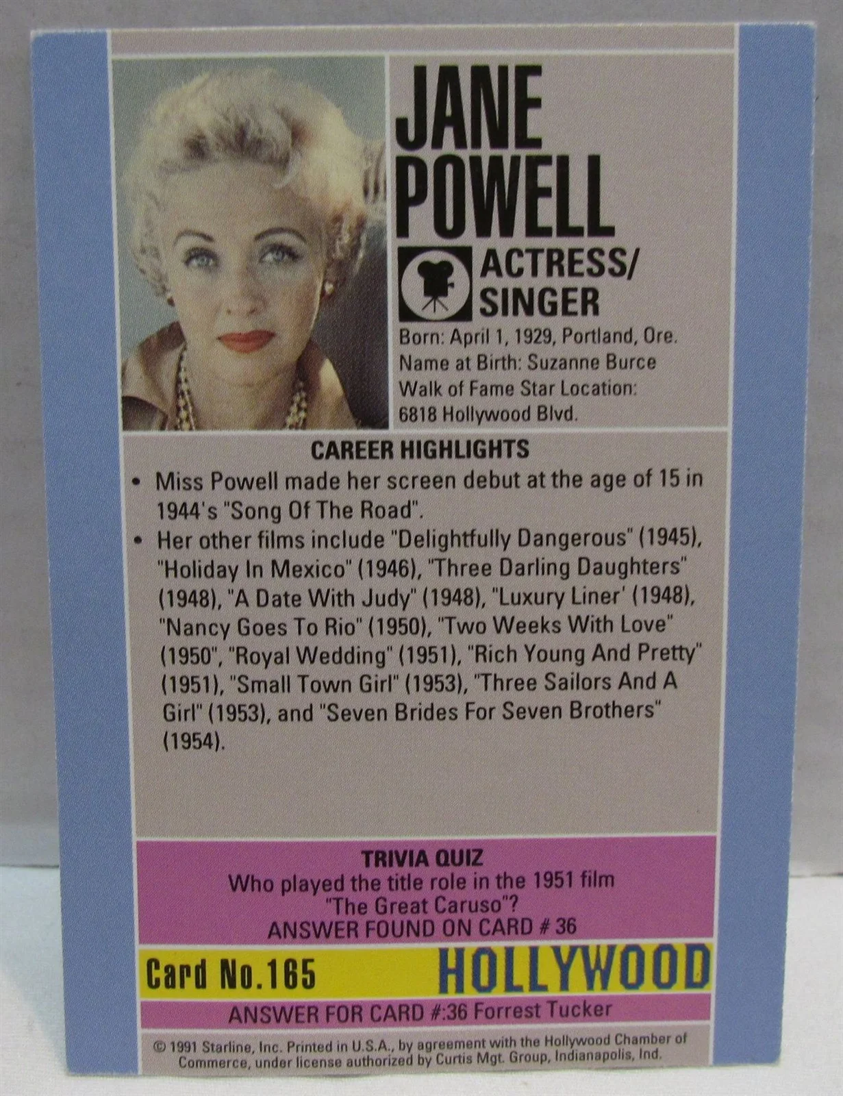Jane Powell — Jane Powell Autographed Hollywood Trading Card + Photo with Facsimile Autograph, image 3