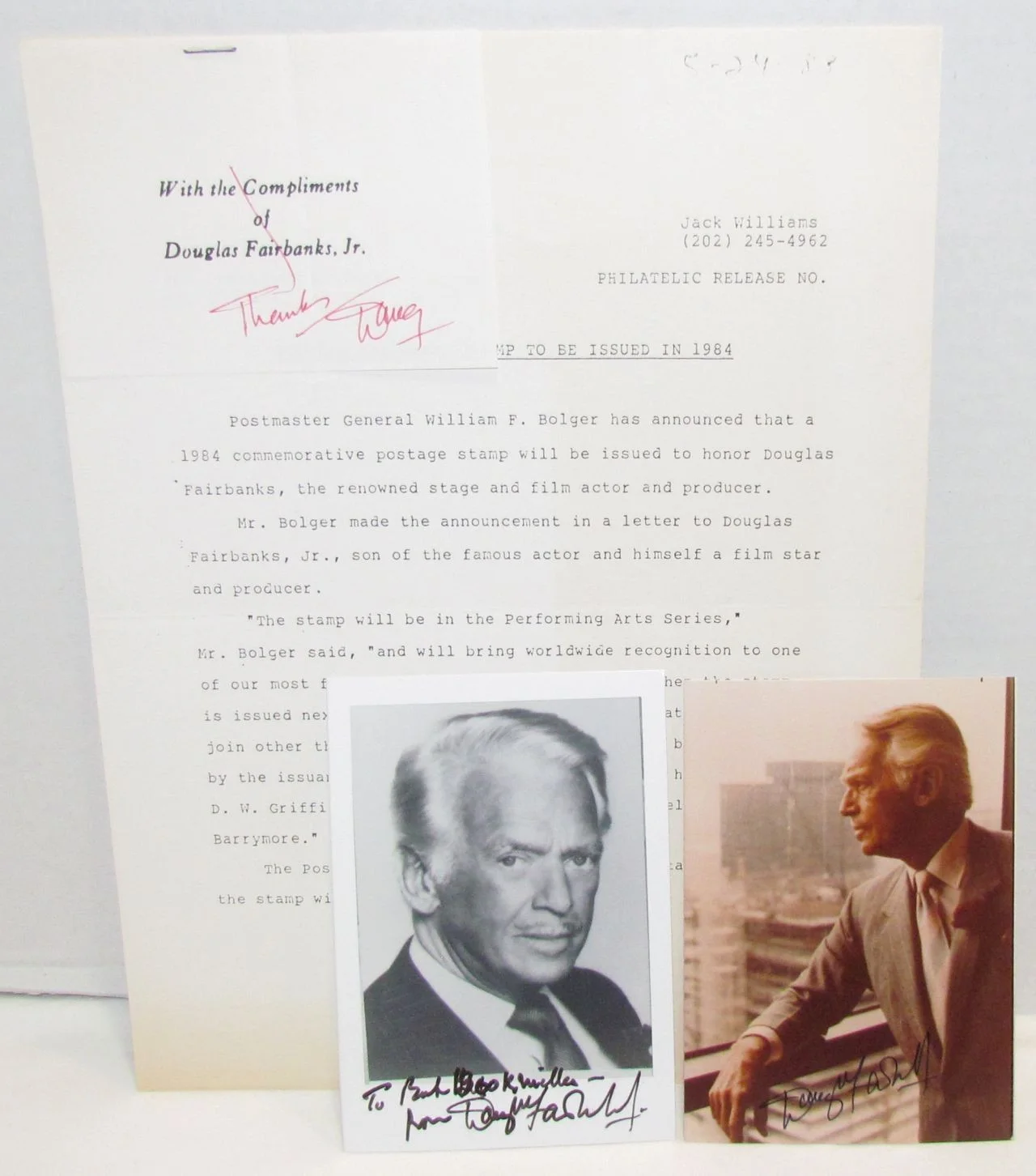 Douglas Fairbanks Jr — Douglas Fairbanks Jr Autographed Photos & Press Release for US Postage Stamp