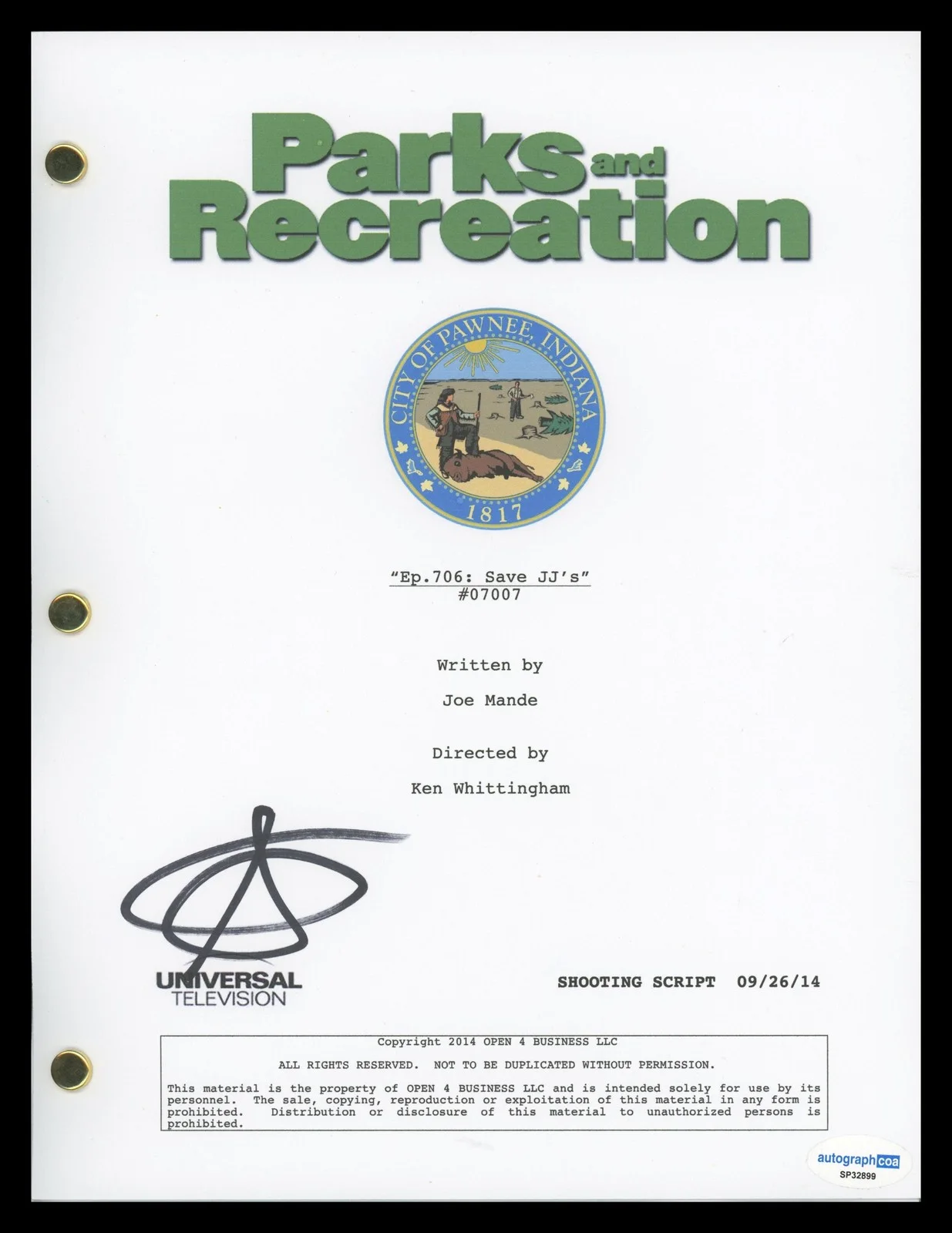Amy Poehler — Amy Poehler "Parks and Recreation" AUTOGRAPH Signed 'Save JJs' Full Script ACOA