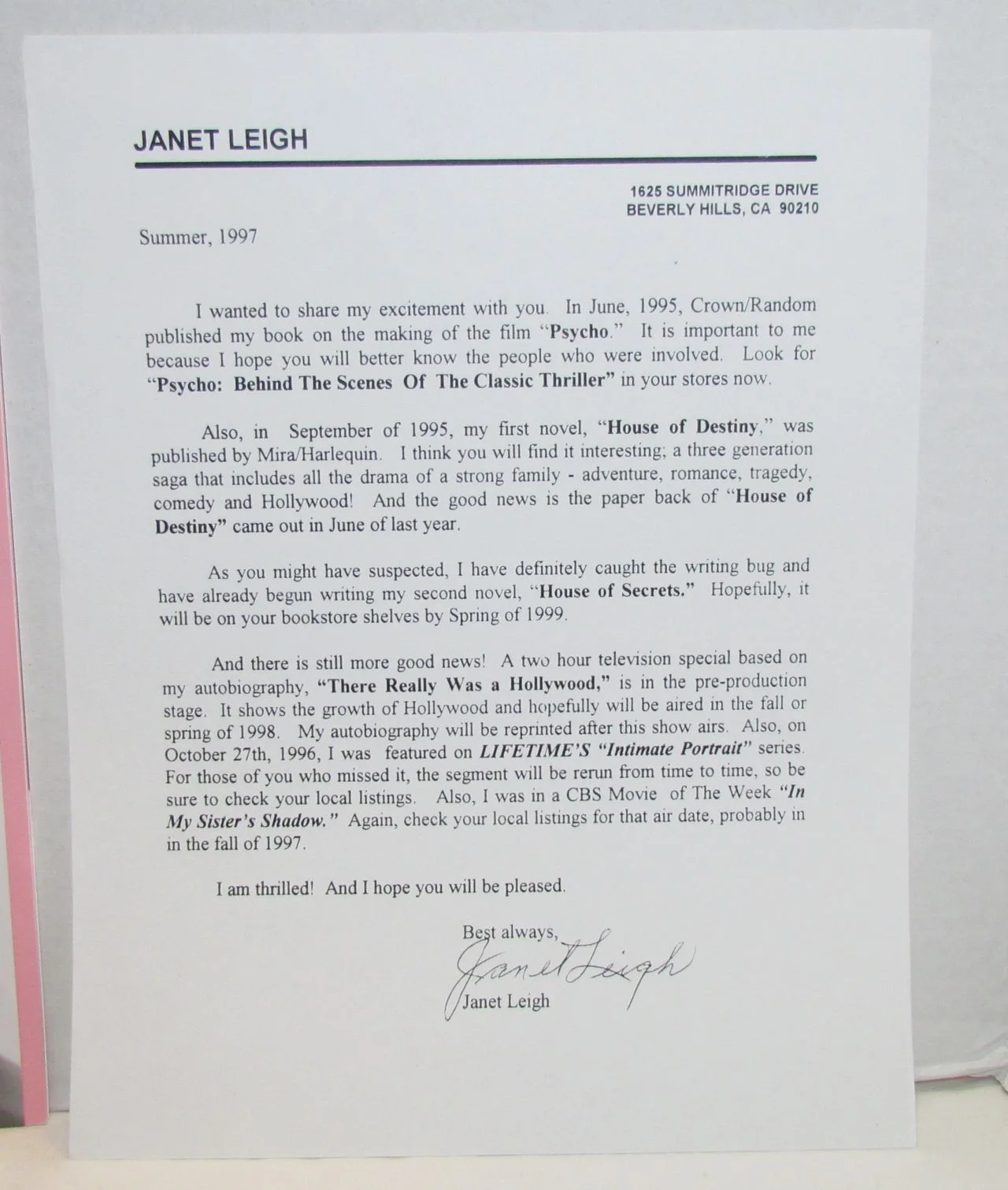 Janet Leigh — Janet Leigh Autographed Photo & Program A Tribute to Janet Leigh, image 2