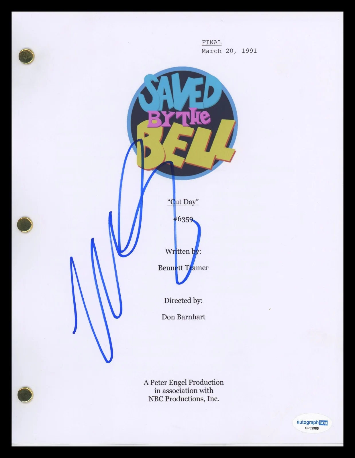 Mario Lopez — Mario Lopez "Saved by the Bell" AUTOGRAPH Signed Slater 'Cut Day' Script ACOA