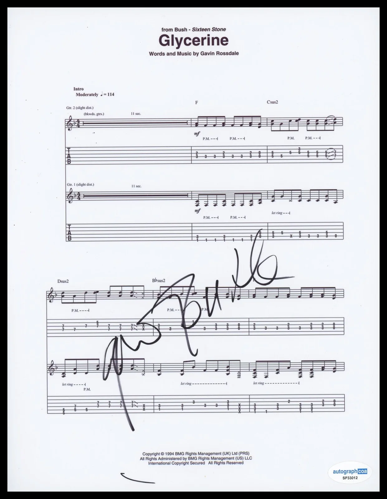 Gavin Rossdale — Gavin Rossdale "Bush" AUTOGRAPH Signed 'Glycerine' 8.5x11 Sheet Music B ACOA